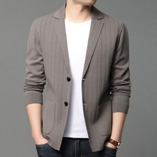 Men Stripe Fashion Slim Knitted Cardigan Business Casual Lapel Vertical Coat