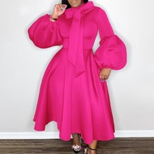 Women's Casual Long Sleeve Dress Crew Neck Bow Puff Sleeve A-Line Midi Dress