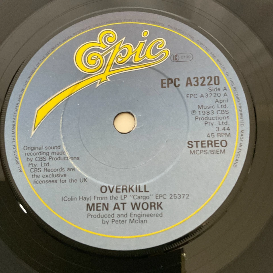 Men At Work - Overkill / Till the Money Runs Out - 7" Vinyl 1983 CBS A3220 - EX - Image 4 of 4