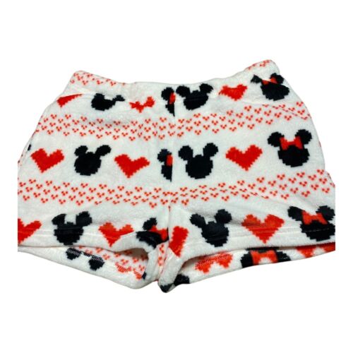 Disney Fuzzy Pajama Shorts Mickey Mouse Hearts Sleep Lounge White Red L