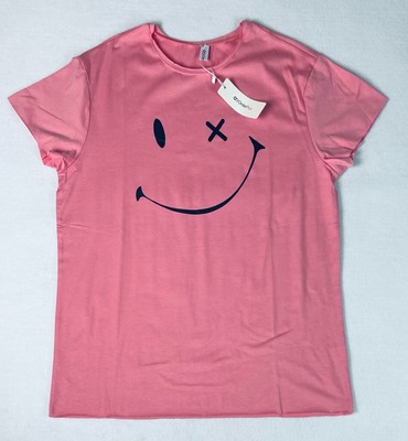 Orderplus Mens Graphic T-Shirt Pink Black Smiley Face Stretch Crew Neck L New