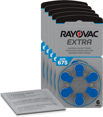 30x Rayovac Extra Advanced Hörgerätebatterie blau 675 (5x6er) +Reinigungstuch