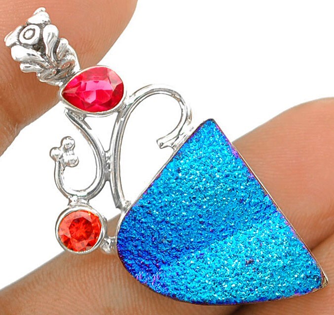 Natural Titanium Druzy 925 Solid Sterling Silver Pendant Jewelry 2