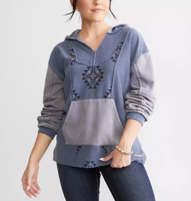 NWT BKE Pieced French Terry Hoodie Women s L Blue Aztec Distressed Boho Cowgirl