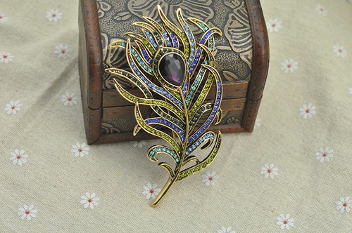 4“ (10cm) Tall Large Peacock Feather Purple Drip Blue Green Crystal Pin Brooch - Picture 3 of 5