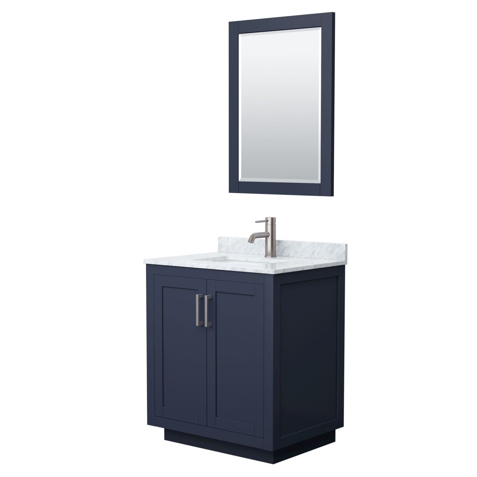 Wyndham Collection Miranda 30-Inch Bathroom Vanity in Dark Blue and White Carrara Marble  