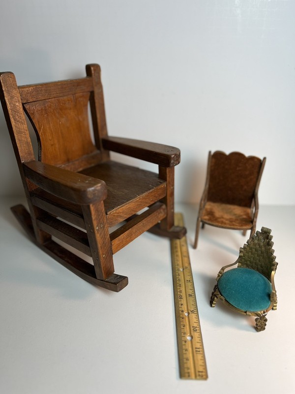 3 Very Old Doll Chairs, Wood Rocker, Metal Quill Work Ornate Chair, Small Chair
