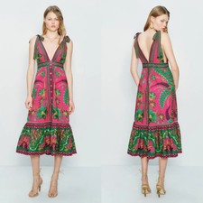 FARM Rio Ana Tapestry Dress Sleeveless Button-Front Midi Abstract Pink Green XS