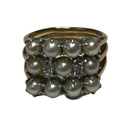 18K Gold Perle & Diamant Ring Vintage Cluster Cocktail Design Gr. 6