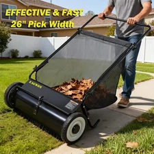 Push Lawn Sweeper 26-Inch 7 Cubic Feet Hopper 4 Spinning Brushes Adjustable