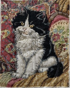 Finished Cross Stitch Piece Tuxedo Cat On Pillow From Canamar Kit Susan Treglown