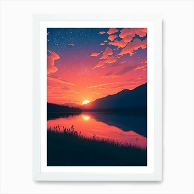 Sunset Over Lake Art Print Framed Wall Art Poster Canvas Print Picture