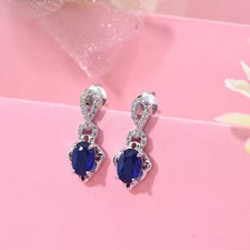 AAAA Ceylon Blue & White Sapphire 925 Sterling Silver "Droplet" Stud Earrings.