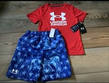 Boys Under Armour patriotic swim shirt shorts size 4 NWT