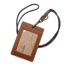 Vertical Style Cowhide Leather ID Card Badge Holder with Heavy Duty Lanyard ...