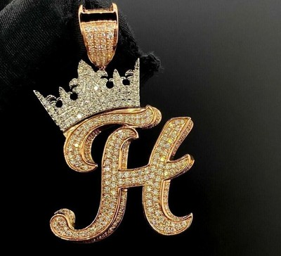 2Ct Lab Created Diamond Cluster Crown ''H'' Initial Pendant 14K Rose Gold Plated
