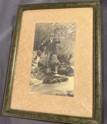 Antique Early Photograph Camp Portrait of Fisherman on Stream Landscape Framed