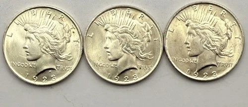 3-1923 Uncirculated Peace Silver Dollars-BU-Free Shipping!-3 Coin Lot-Nice!!!