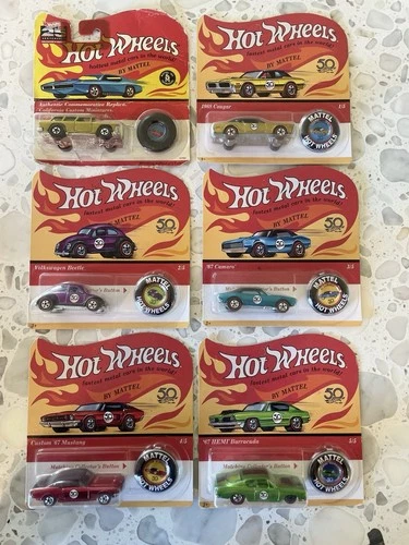 Hot Wheels 50th Anniversary Complete set of 5 W/ Buttons 2018 Unpunched + BONUS