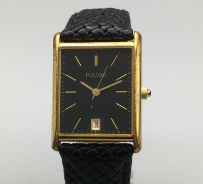 #ad Pulsar Tank Watch Mens 26mm Black Dial Gold Tone Date VX32 X343 New Battery $55.24