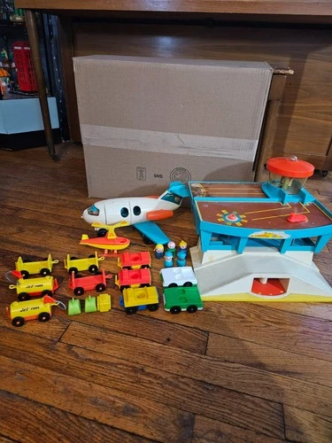 Vintage Fisher Price Little People Airport 1970's with airplane, helicopter