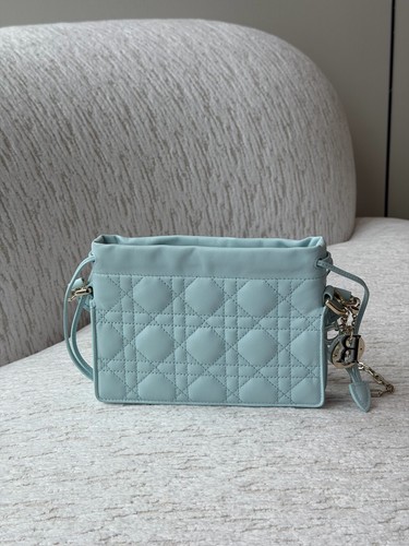 AUTH Dior Mini Lady Dior Drawstring Pouch Light Blue Cannage Calf Crossbody Bag