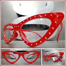 Classy Elegant 50's RETRO Cat Eye Style Clear Lens EYE GLASSES Red Studded Frame
