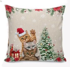 Kitty Cat Winter Christmas Tree Linen Throw Pillow Cover Winter Holiday Decor