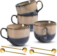 Ceramic Coffee Mug Set of 4 with Spoon, 15 oz Large Cups With Big Handle