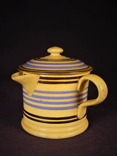 EXTREMELY RARE 1800s MOCHA BANDED MUG with SPOUT and LID YELLOW WARE MOCHAWARE