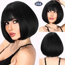 Black Bob Wig with Bangs 13" Short Bob Wigs Women Short Black Wig Heat Daily USA