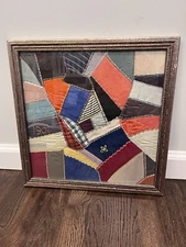 Beautiful Antique Folk Art Crazy Patchwork Quilt Dated 1901 Framed Americana