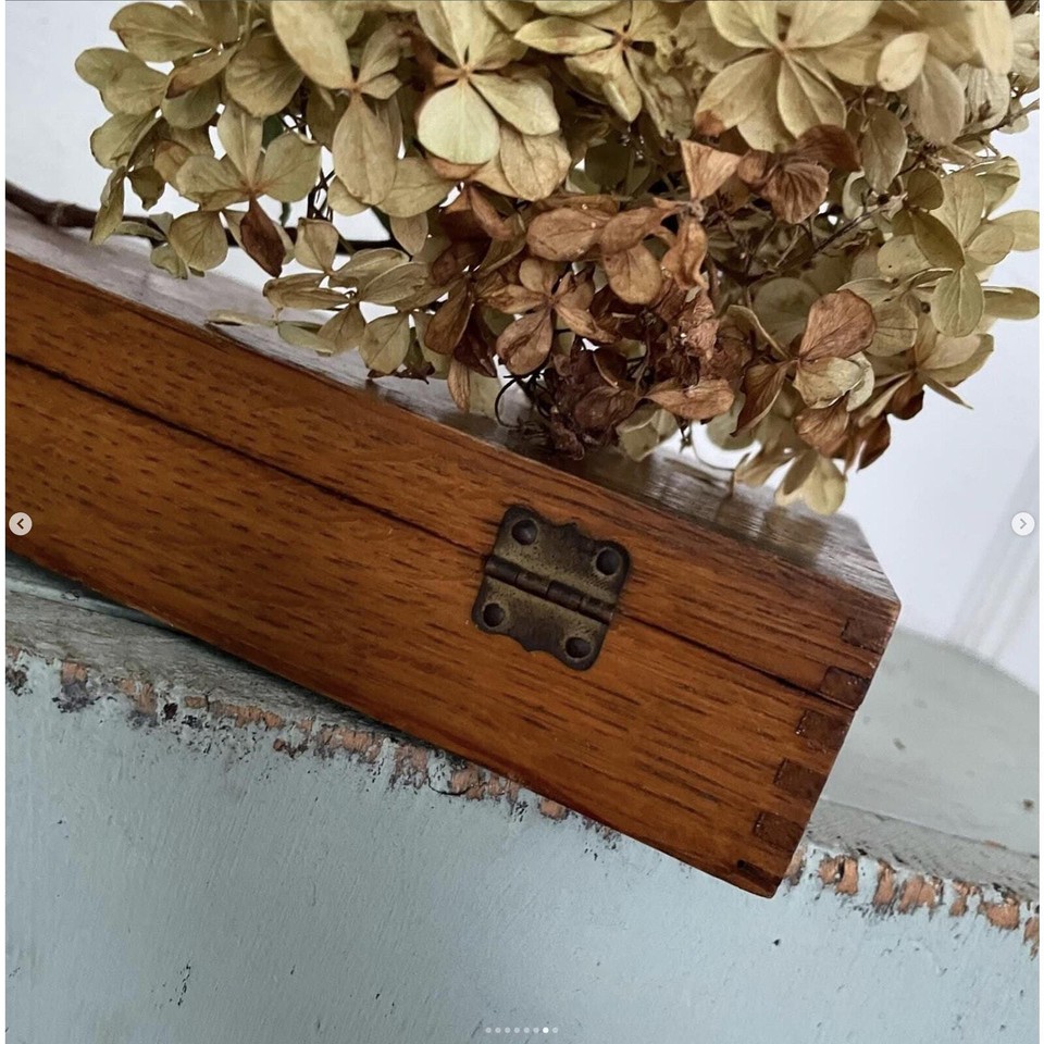 Vintage Wood Box Glass Slides Slots Hinged Lid Dovetail Edges Brass