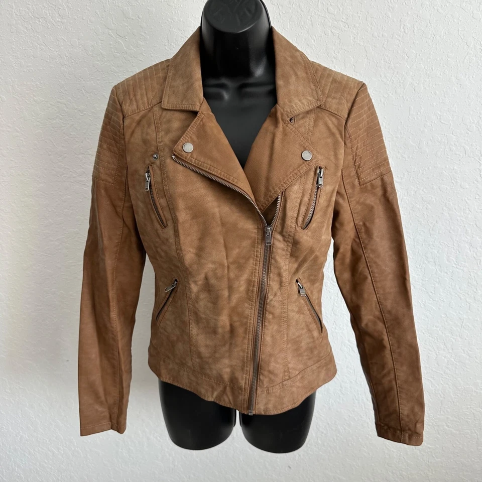 Chaqueta de motociclista Only de cuero sintético con cremallera marrón tostado talla 34/2 Foto 2 de 4