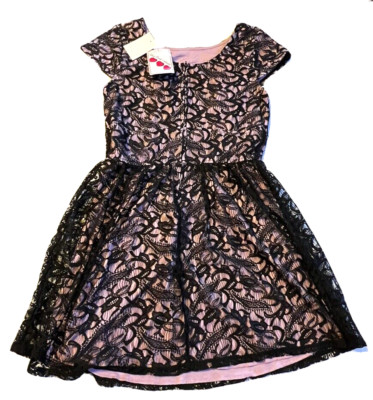 Three Pink Hearts Purple & Black Floral Lace Cap Sleeve Dress Junior's Size 9