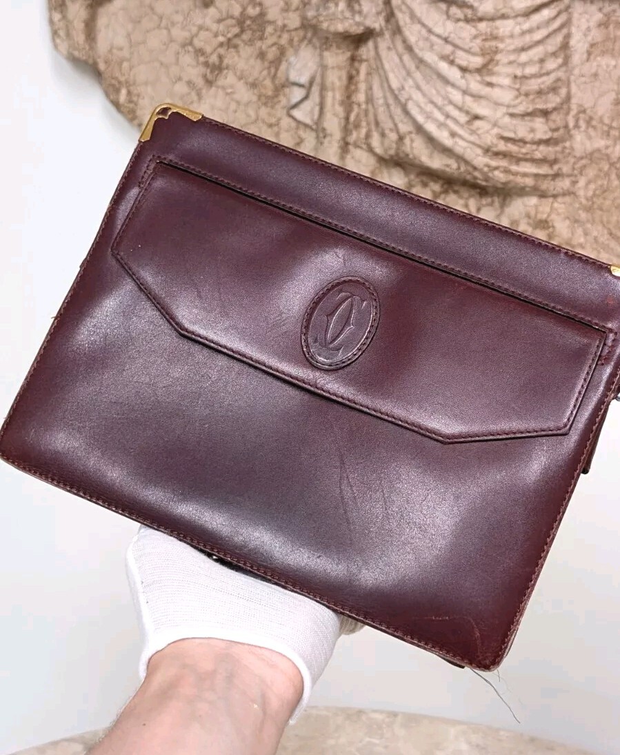 Vintage Cartier Leather Clutch Bag C Pattern Burgundy in Patent