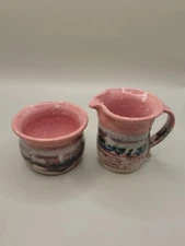 Hand Thrown  Art Pottery Cream and Sugar Pink Earthtones Applied Handle 