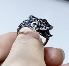 Real silver snake ring with green crystal eyes