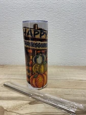 Zonegrace Stainless Steel Skinny Tumbler 20oz Happy Thanksgiving With Lid