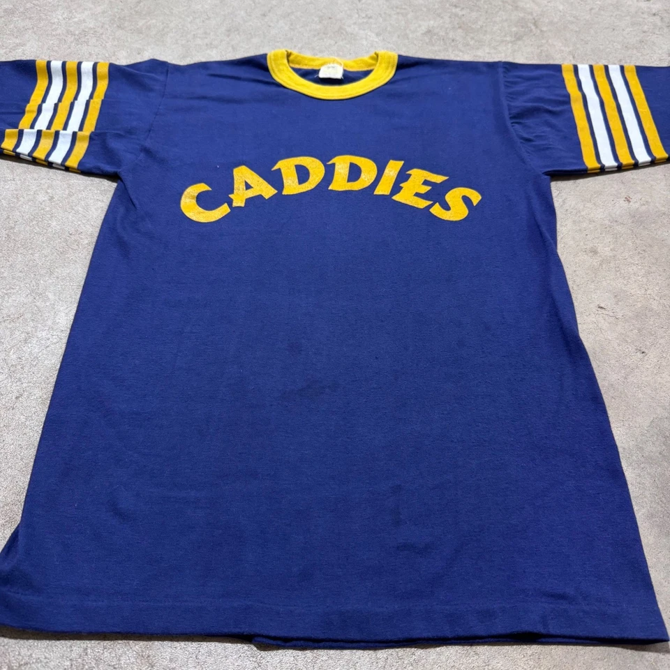RARA Camiseta Vintage Años 70 Caddies Timbre Mangas Rayas Azul Amarillo Talla Pequeña Foto 3 de 4