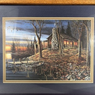 Vintage Jim Hansel Art Print Cabin Fishing Boat Water Scene Wooded Landscape