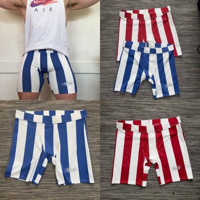 2 PAIRS Men s Body Builder Shorts XL Blue/White & Red/WhiteLycra Style Cut EUC