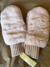 Michael Kors Women's Faux Fur Logo Mittens Gloves Size S-M Pink Blush Fluffy