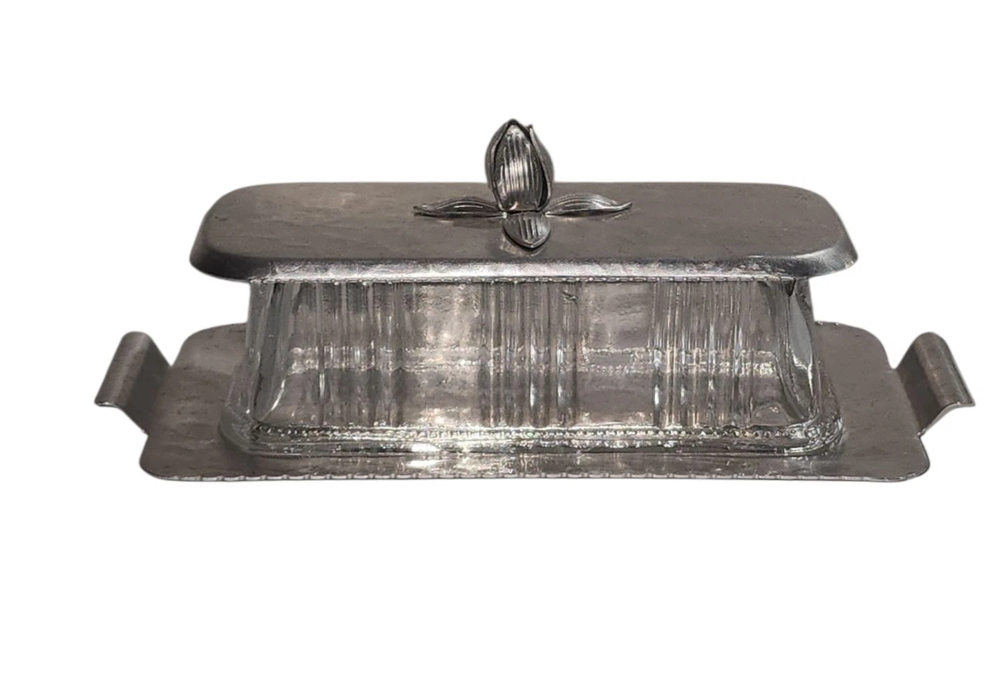 Vintage Rodney Kent - Hammered Aluminum Butter Dish with/Tulip Lid & Tray