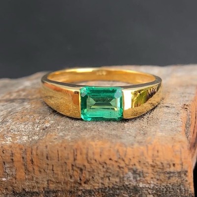 Men's Lab Created Emerald Ring, 14k Solid Gold Emerald Signet Ring, Wedding Ring