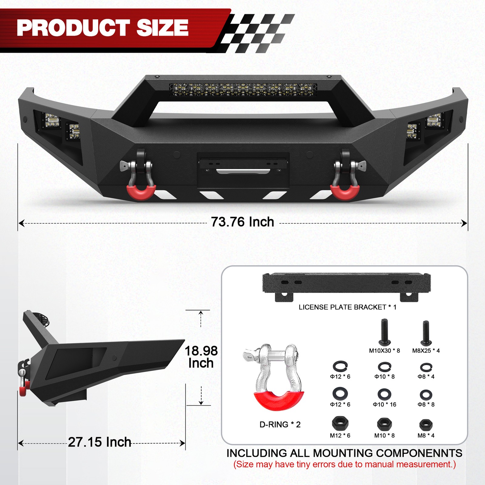 Front Bumper or Rear Bumper W/Winch Plate&LED Lights For 2019-2023 Ford Ranger