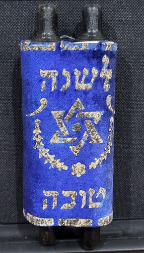 Vintage 1950s Jewish Miniature Torah Scroll With Cover Hebrew Blue Velvet