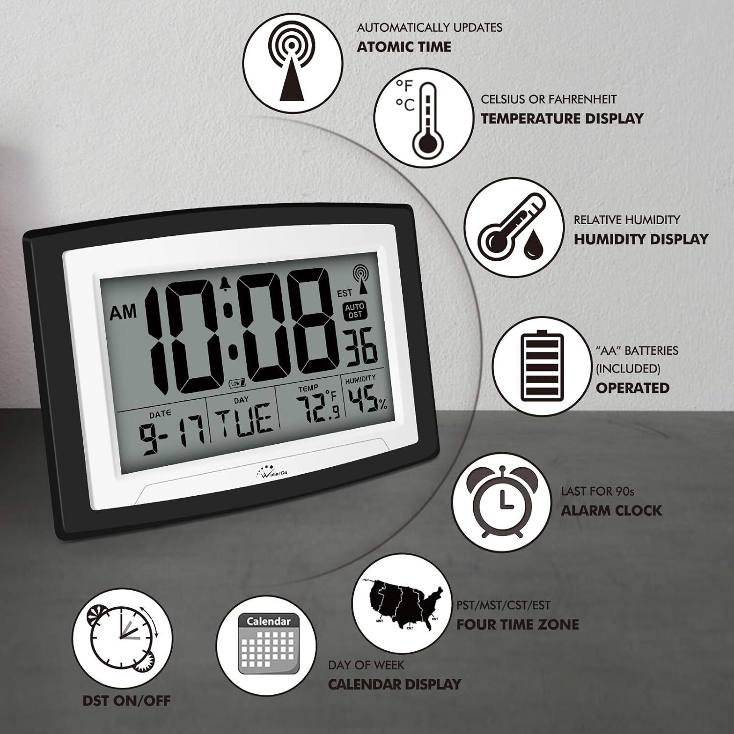 Atomic Clock with Indoor Temperature and Humidity, 12.5 In Self-Setting Digital