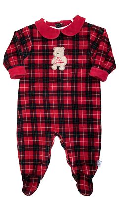 First Impressions 6-9 Mo red tartan Plaid velour footed romper First Christmas
