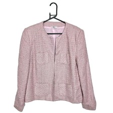 Size Uk 16 Medium Woman's Pink Wool Short Cut Blazer Tweed Stitch Knitt Wool